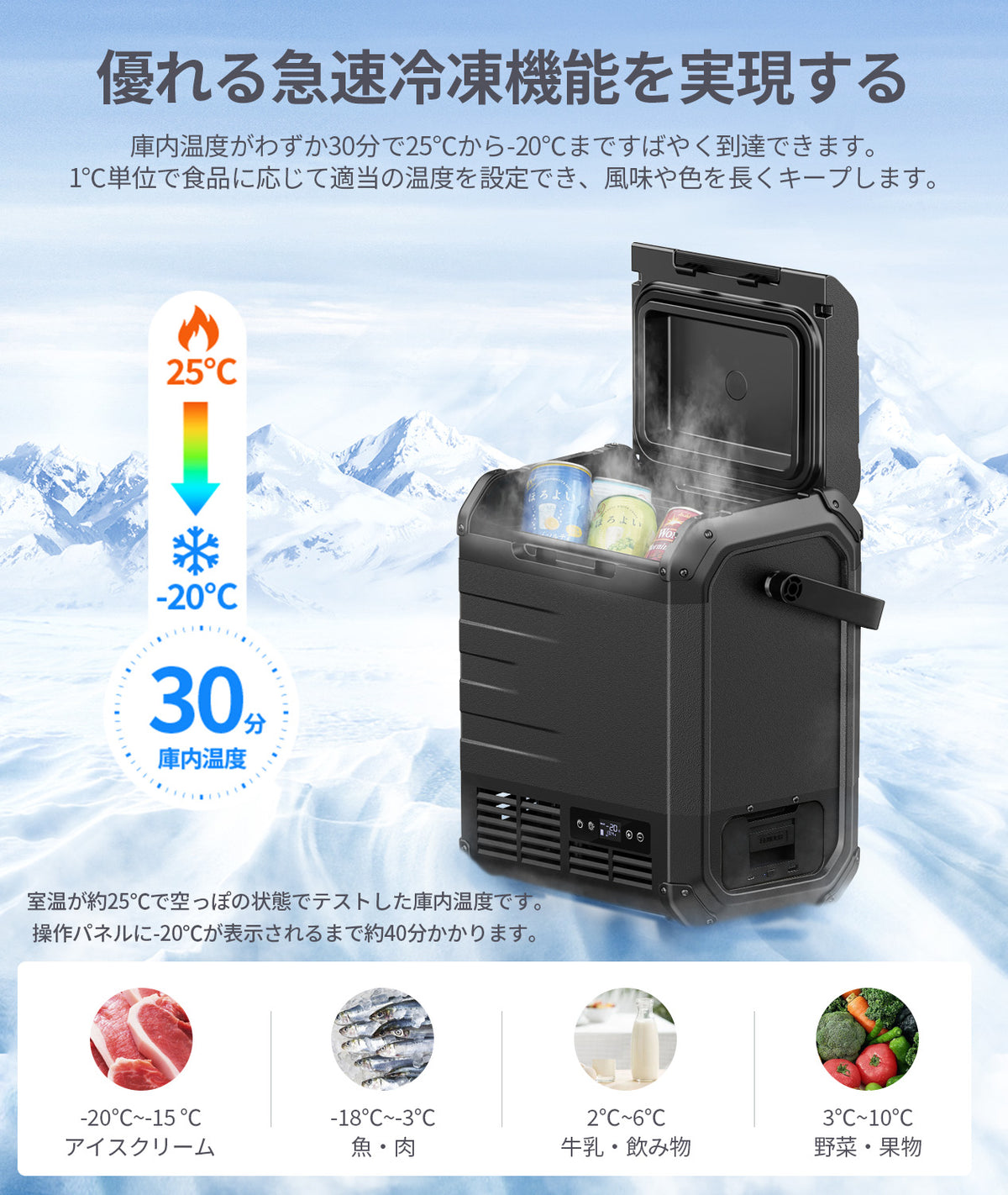 【省エネしながらしっかり冷やす】急速冷凍でき、省エネ性にも優れた高品質コンプレッサーを採用します。MAXモードに設定しても消費電力はわずか約36Wで、通常の車載冷蔵庫より28%ほどの消費電力を削減します。確実な省エネ性能で電気代を節約しつつ猛暑を快適に過ごすことができます。空っぽの状態で、庫内温度が25℃から-20℃まで下がるのにおよそ30分しかかかりません。あっという間に急速冷凍でき、飲みたい時はすぐに冷たいドリンクを飲めるのは最高です。