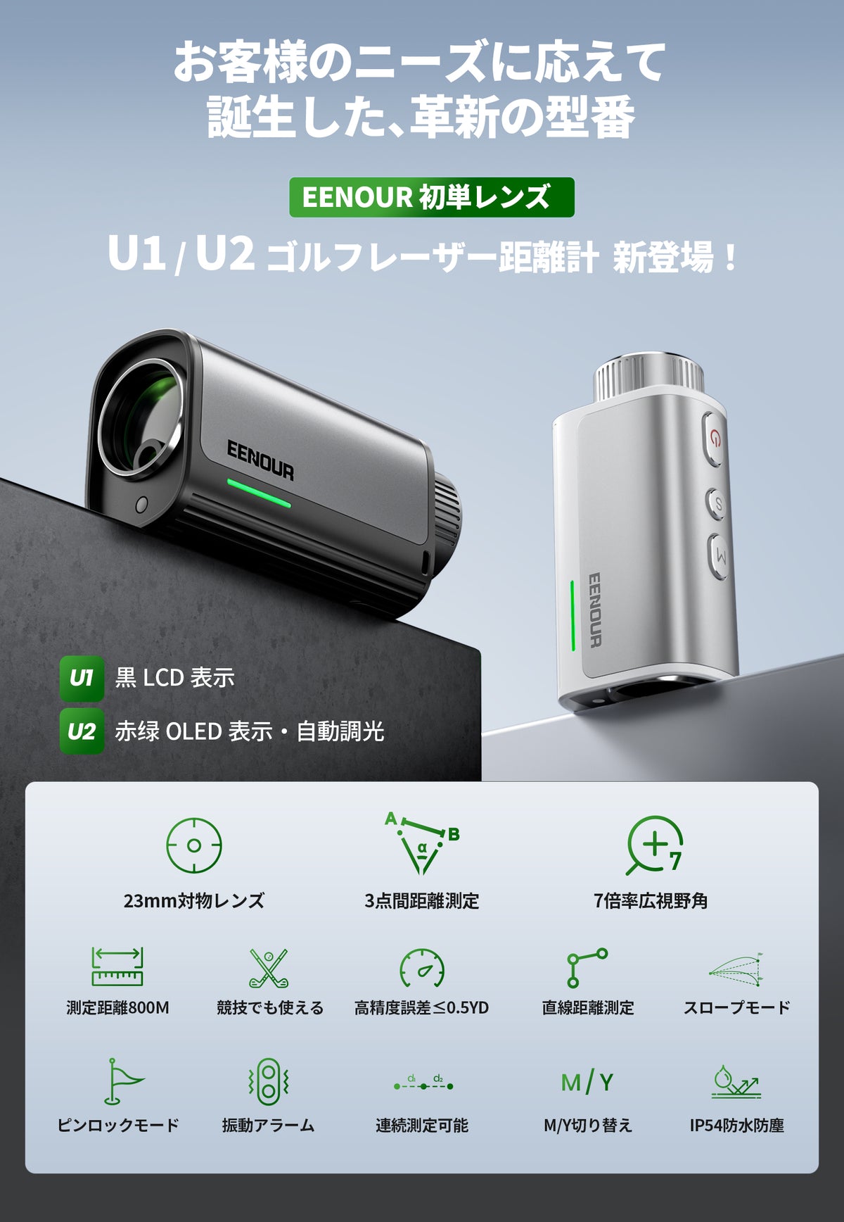 【超高速0.02s測定スピード】最速0.02秒という驚異的な測定スピードにアップグレードし、瞬時に距離を正確に把握できるため、ゴルフ場で次々に進行するプレー中、素早く正確な測定が求められる場面でそのスピードが活躍します。さらに、200m以内では0.5m/y刻みで表示が可能で、正確な距離が得られることで、クラブ選びやショットの判断を即座に行えるため、競技用にも練習用にもプレイヤーにとって欠かせないパートナーとなります。