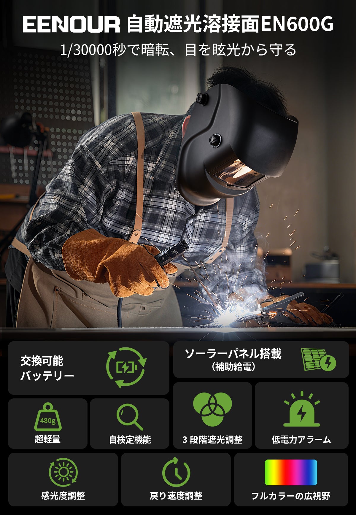 送料無料　自動遮光溶接面 液晶フィルター 遮光速度1/30000秒 ソーラー充電式溶接マスク・溶接ヘルメット　 C12:PCV7QZ 自動遮光溶接面 遮光速度 液晶フィルター1&frasl;30000秒