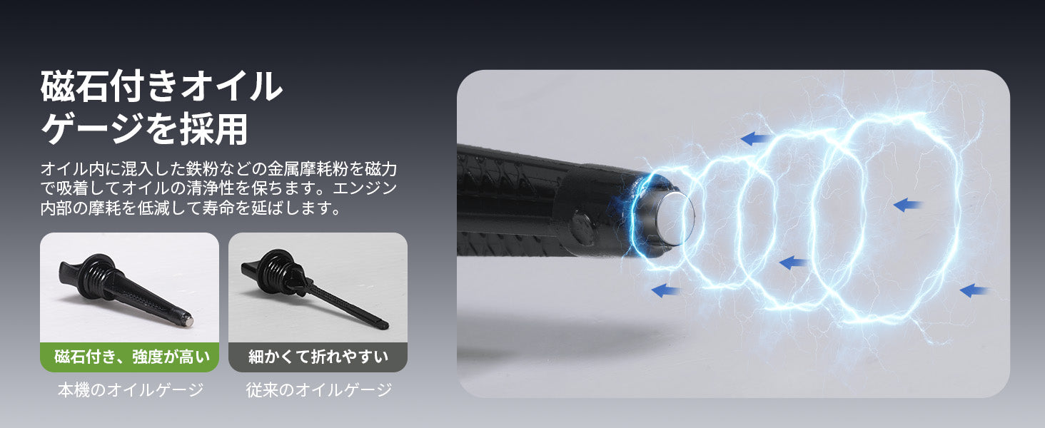 磁石付きオイルゲージでポータブル発電機のエンジン耐久性をサポート