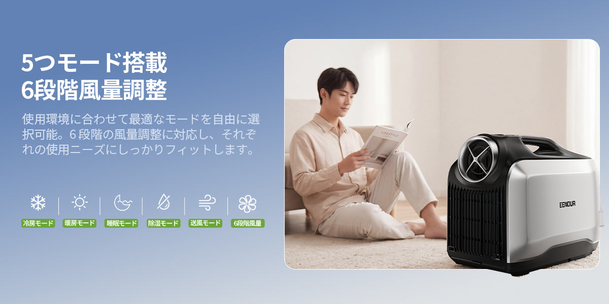 冷房・暖房・除湿・送風・睡眠・自動洗浄の6モード搭載