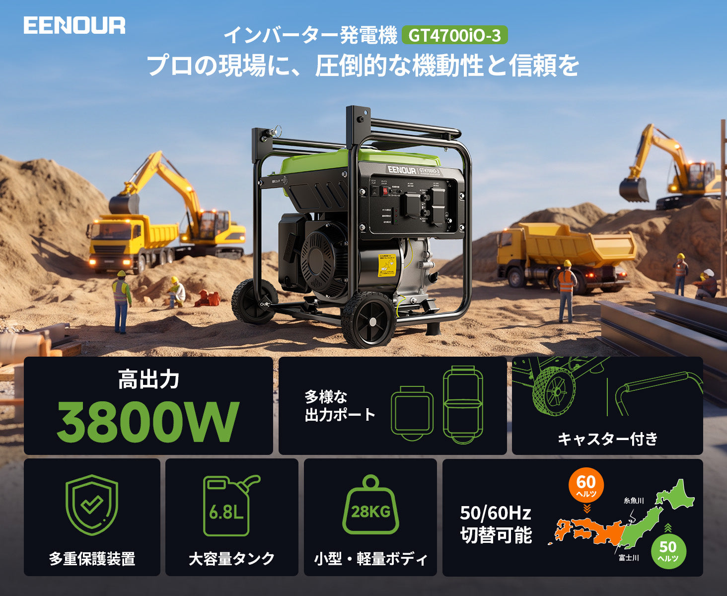 3.8kVA高出力の業務用インバーター発電機｜工事現場・非常用電源に最適