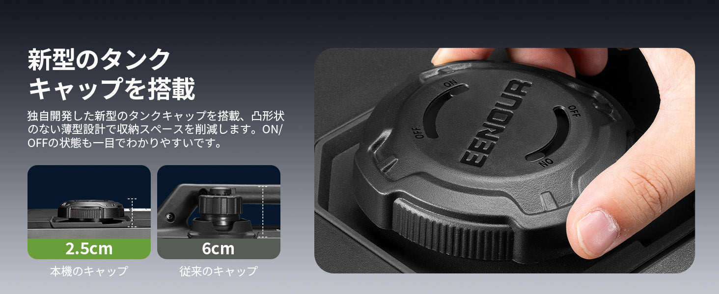 収納性を高めた薄型タンクキャップの採用
