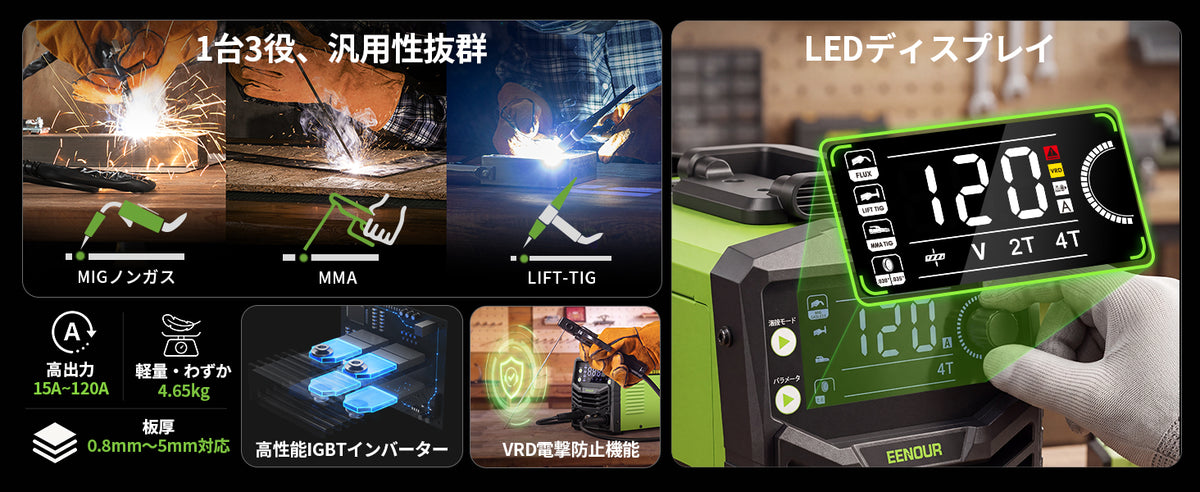 1台3役、最大120A出力。大型LED搭載で操作も分かりやすく